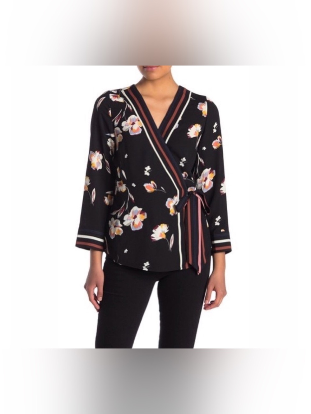 Halogen Black Floral Wrap Top with Pink & Cream Accents
